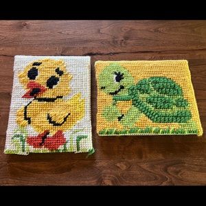 VINTAGE Duck And Turtle Needle Point Pieces CUTE! Nursery